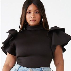 Women’s mock neck flounce sleeve top, Black N/W/T